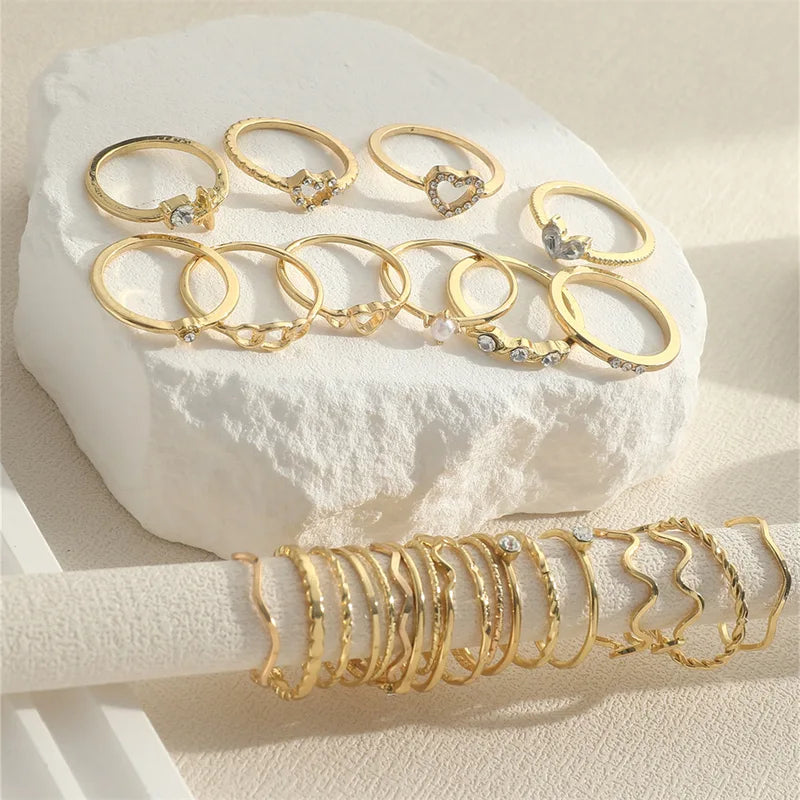 Simple Wave Jewelry Rings Set for Women - Crystal Heart & Multiple Colors