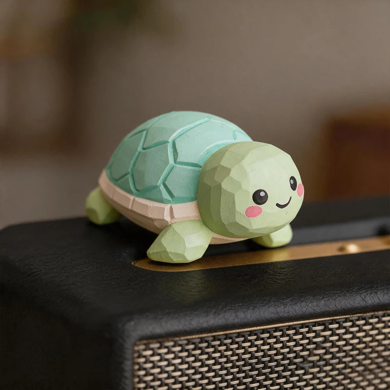 Hand Carved Wooden Turtle Figurine - Cute Green Tortoise Statue for Home Office Decor