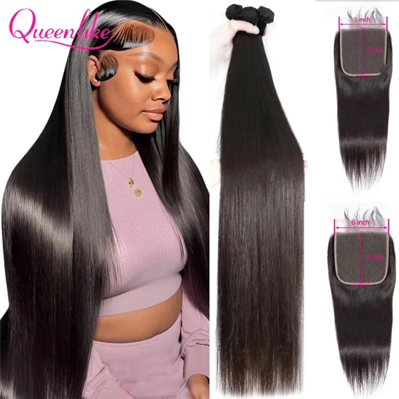 Straight Human Hair Bundles with Closure - Brazilian 20-40 Inch Full Head Set