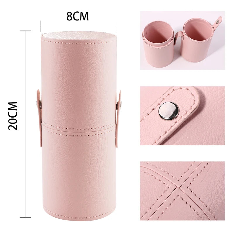 Large Makeup Brush Organizer Case PU Leather Travel Storage Cylinder
