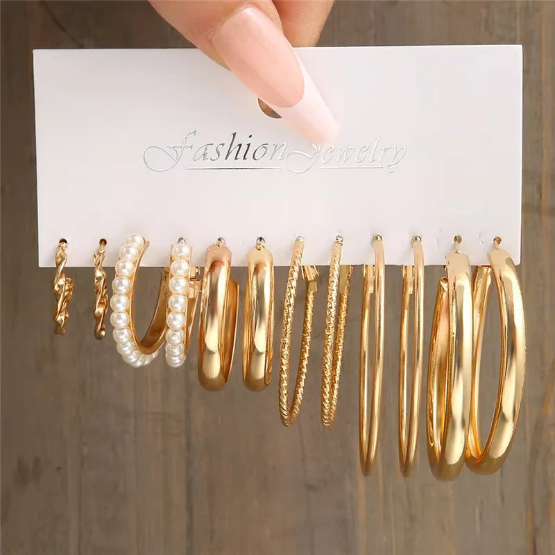 Geometric Hoop Earrings Set for Women Vintage Bohemian Pearl Gold Jewelry Gift