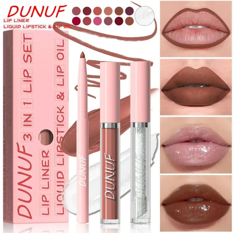 3-Piece Matte Lipstick Lip Liner and Lip Oil Set Waterproof Long Lasting