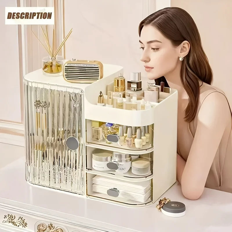 Beige Cosmetic Storage Box with 3 Drawers and Mirror - High Capacity Makeup Organizer