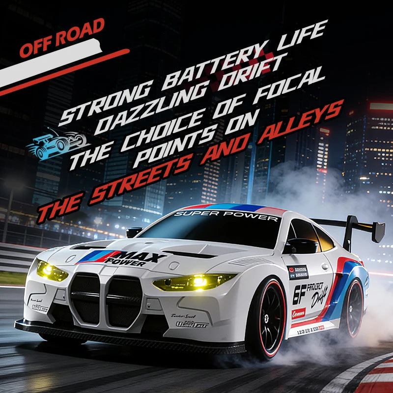 High Speed 1:24 Scale 4WD Remote Control Drift Car with Lights & Replaceable Tires