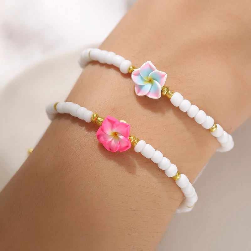 Colorful Clay Frangipani Charm Bracelet Set for Women - Adjustable Rope Jewelry Gift 12 pcs