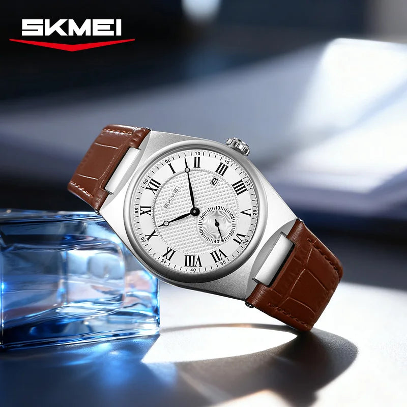 Men's Elegant Quartz Watch with Roman Dial Waterproof Leather Strap Casual Business Watch