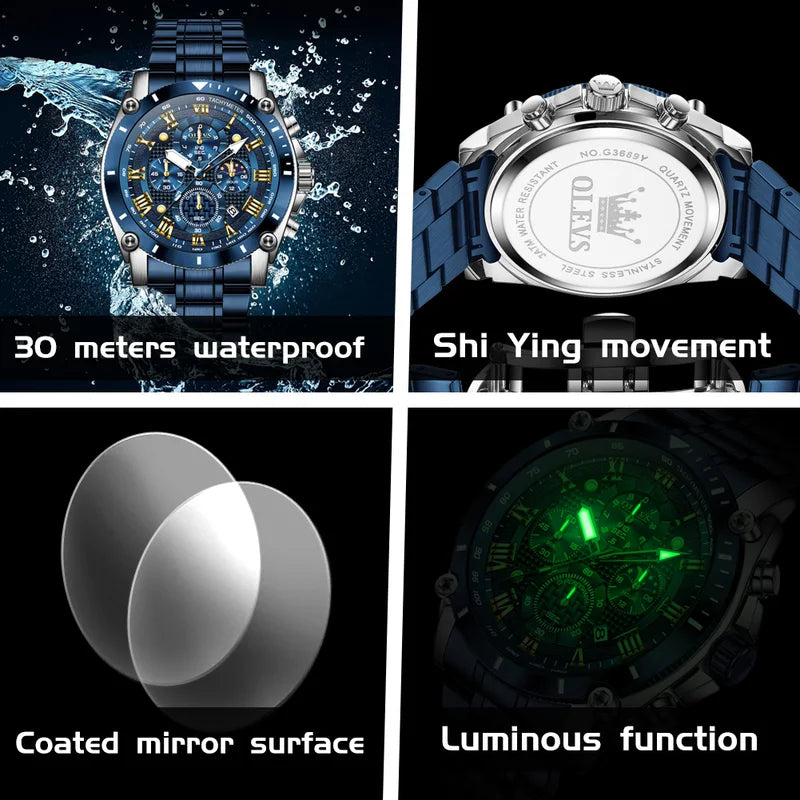 Men's Luxury Sport Watch with Stainless Steel Waterproof Chronograph