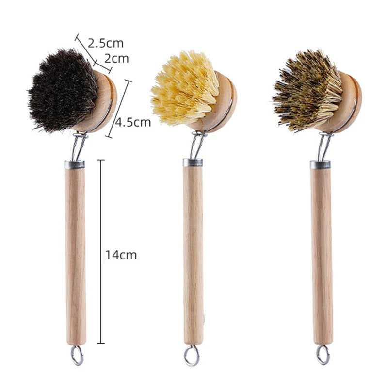 Replaceable Wooden Handle Dish Brush for Stain Removal Kitchen Cleaning Tool
