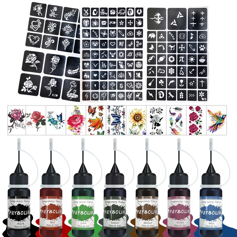 Temporary Tattoo Ink Set with 3 Sticker Kits - Long-Lasting Face & Body Art Gel