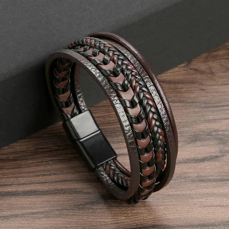 Men's Multi-Layer Leather Rope Braided Bracelet with Magnetic Buckle
