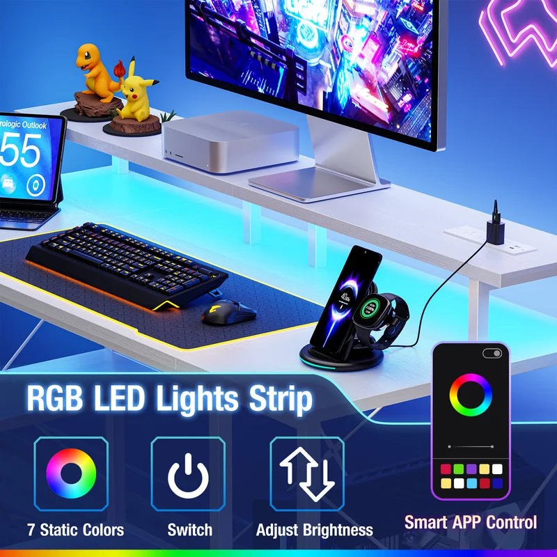 48-Inch Computer Desk with Shelves Drawers and LED Lighting - Office Gaming Table with Power Outlets