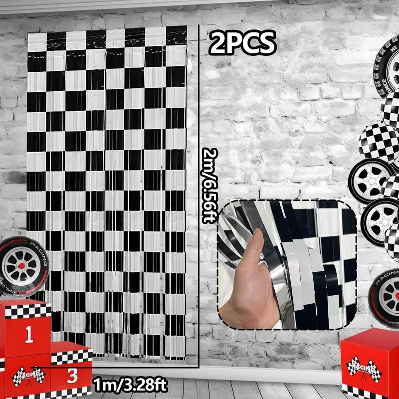 Racing Car Birthday Party Decor Foil Curtain Backdrop & Photo Booth Props