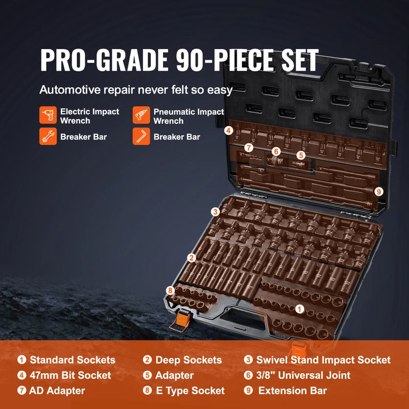 Impact Socket Set 13/23/33/34/48/65/90-Piece SAE & Metric Cr-Mo Steel