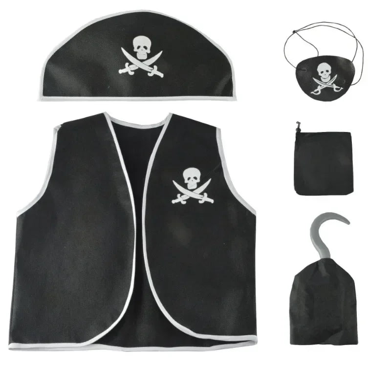 Kids Pirate Costume Set with Vest Hat Hook and Bag for Boys Halloween Party
