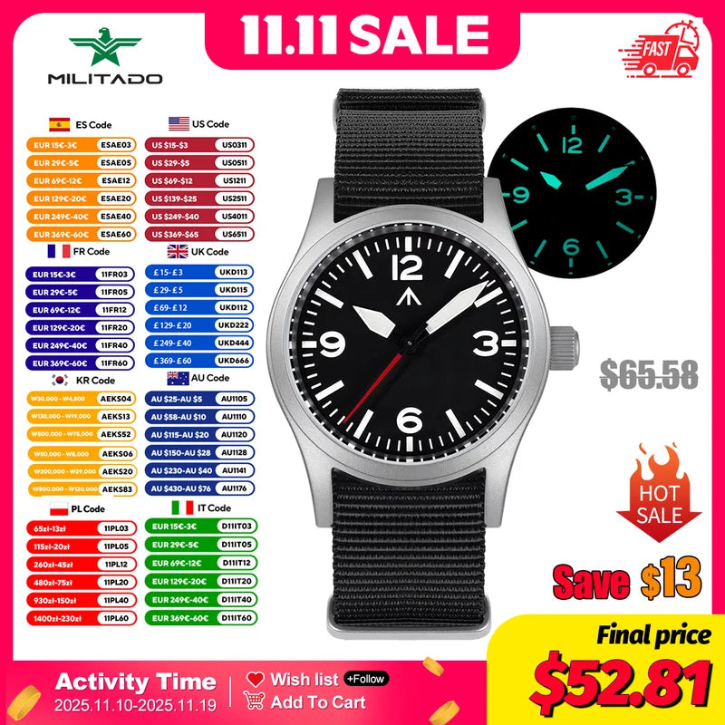 Militado Military Field Watch 38mm Quartz Sapphire Crystal Waterproof 100M