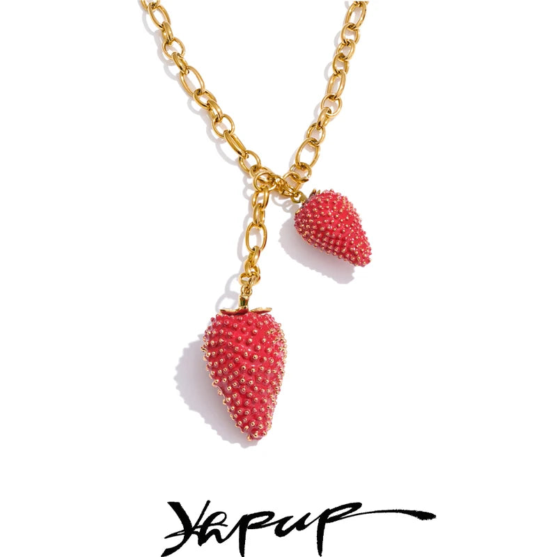Waterproof Red Strawberry Charm Necklace for Women Stainless Steel Trend Jewelry