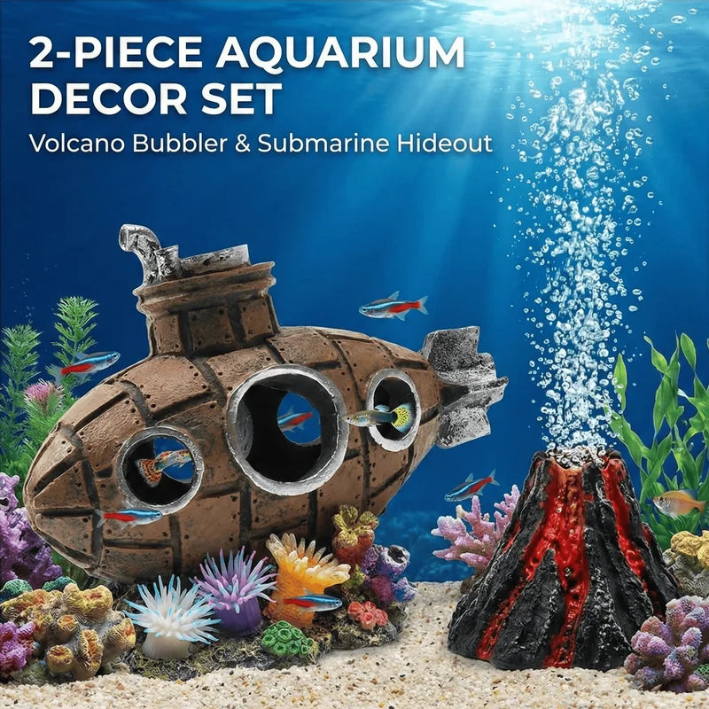 Aquarium Decoration Set Resin Submarine & Volcano Ornaments - Fish Tank Landscape Accessories