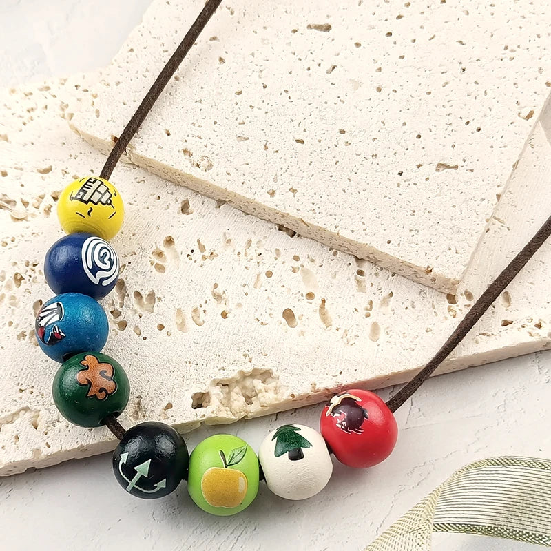 Percy Jackson Wooden Bead Necklace with Hand Painted Symbols Cosplay Jewelry for Fans