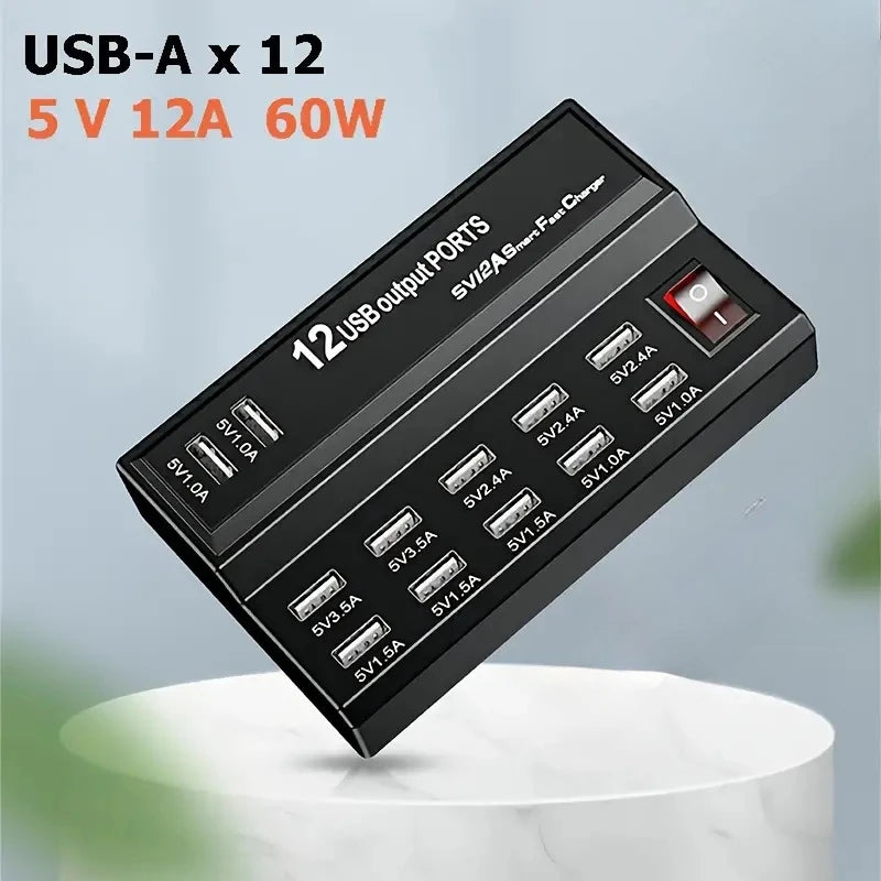 12-Port USB Charging Station Multi-Device Power Hub with EU Plug
