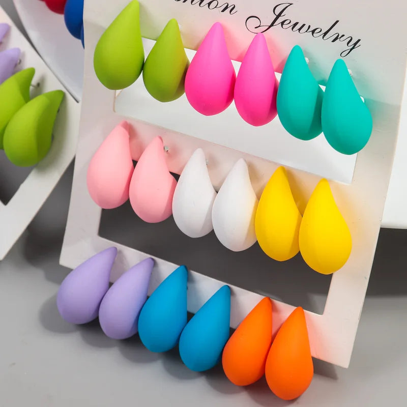 9-Pair Acrylic Waterdrop Earrings Set - Colorful Matte Tear Drop Jewelry for Women