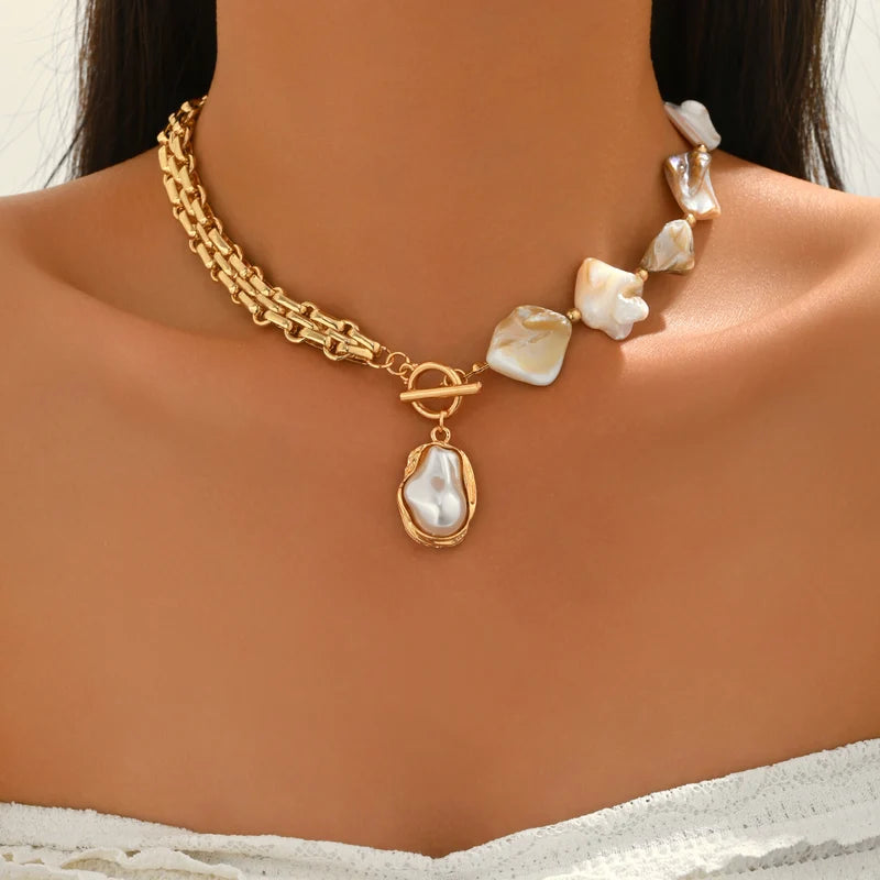 Boho Pearl Choker Necklace with Asymmetric Cuban Link Chain - Summer Beach Jewelry