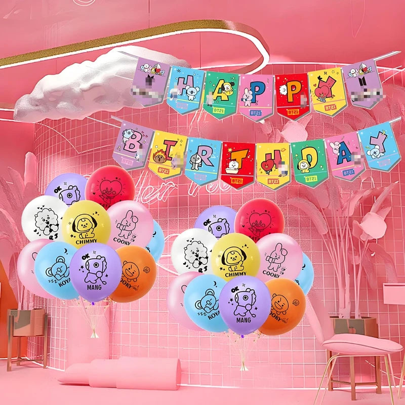 BT21 Birthday Flag and Balloon Decoration Set - Party Supplies for Celebration
