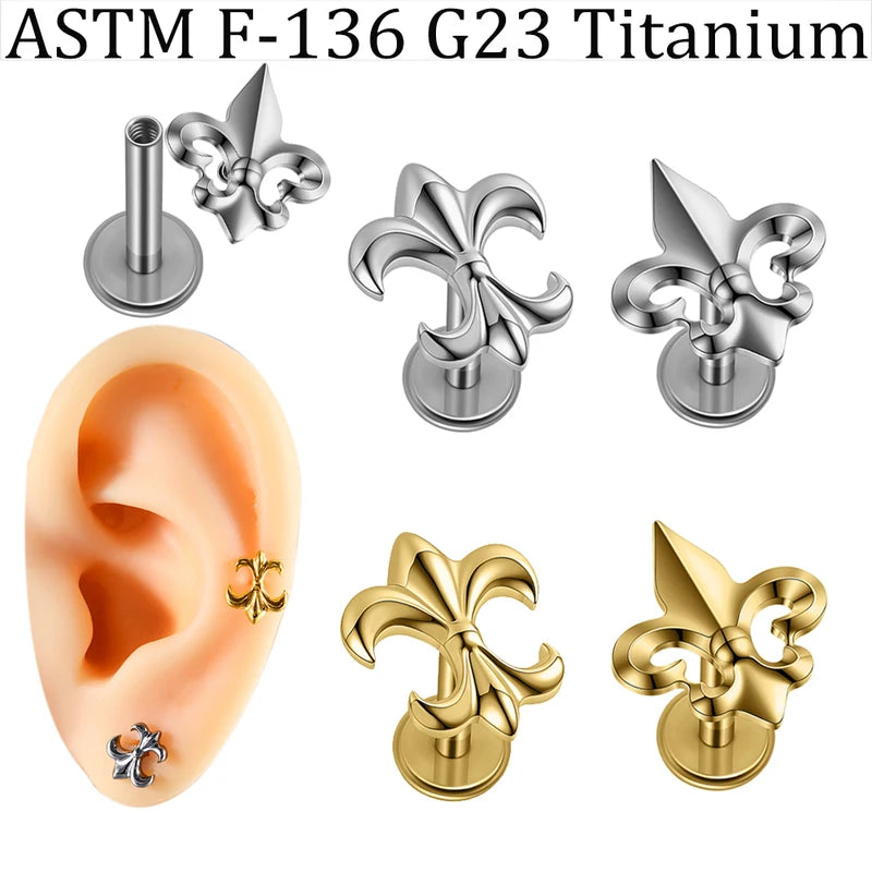Titanium Labret Lip Stud with Horn or Anchor Design, Internal Threaded Piercing Jewelry 16G