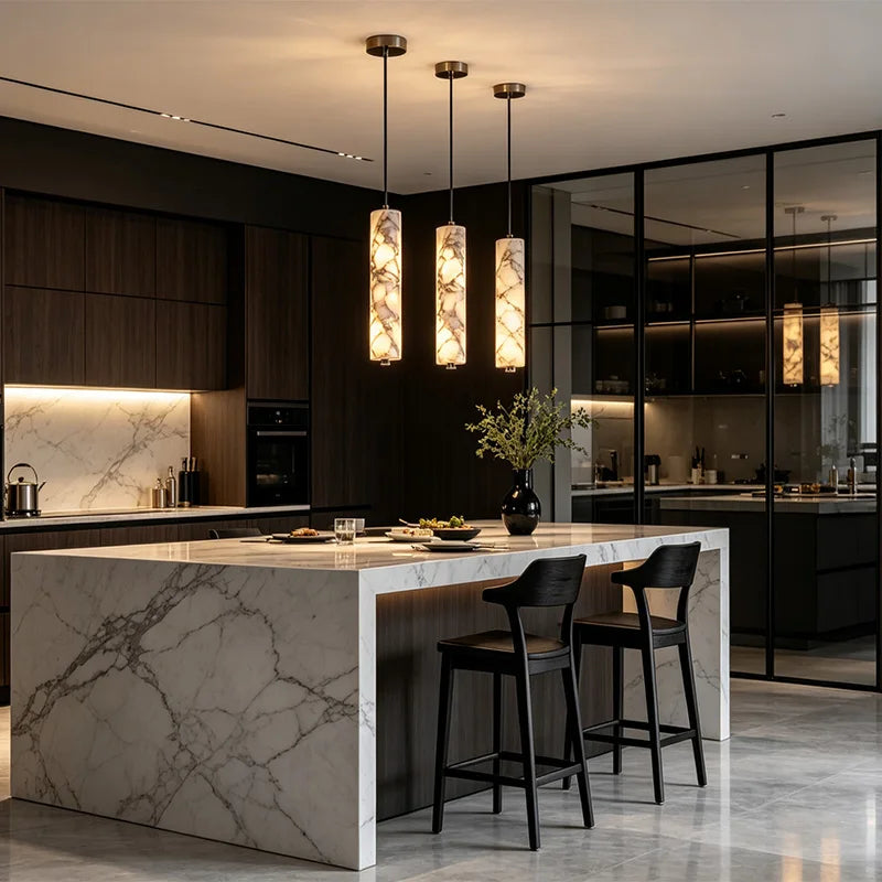 Black Cylinder Pendant Lamp - Natural Stone High-End LED Chandelier for Living Room & Bedroom