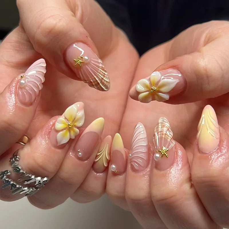 24Pcs Irregular Gilded False Nail Set with Pearl Glitter Almond Acrylic Tips
