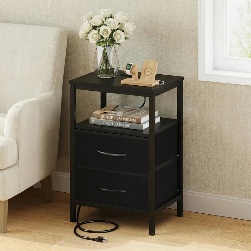 Fabric Drawers Nightstand with USB Charging Station - Bedside Storage End Table