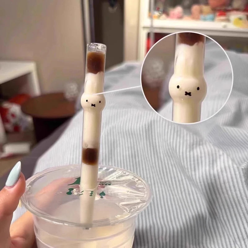 Kawaii Miffy Glass Rabbit Head Straw - Large Caliber Transparent Bunny Drink Accessory