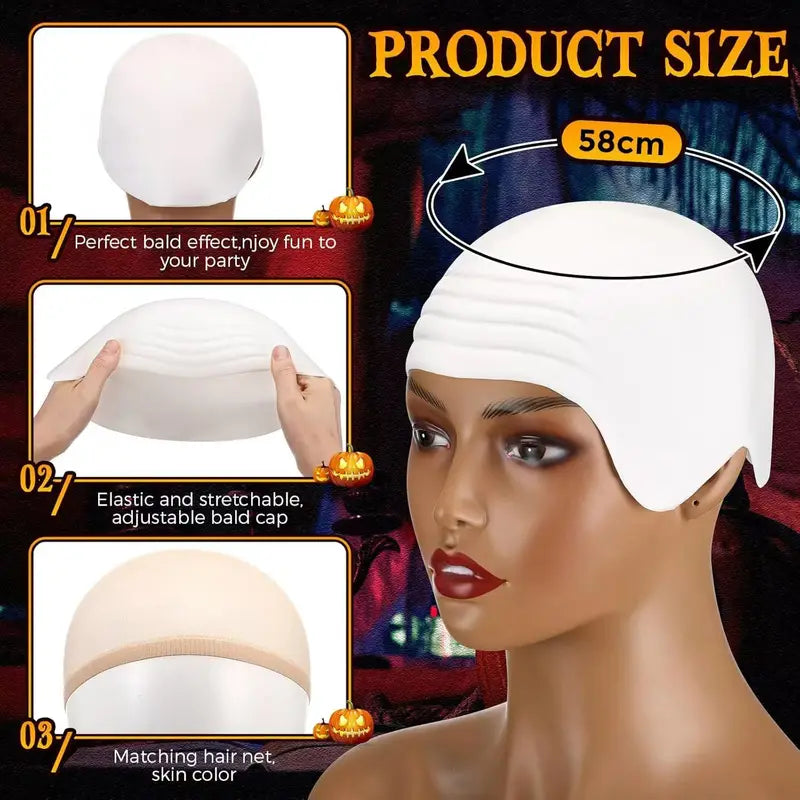 Cosplay Bald Outfit Accessories Set Latex Bald Hat Nylon Wig Cap for Halloween Christmas Party