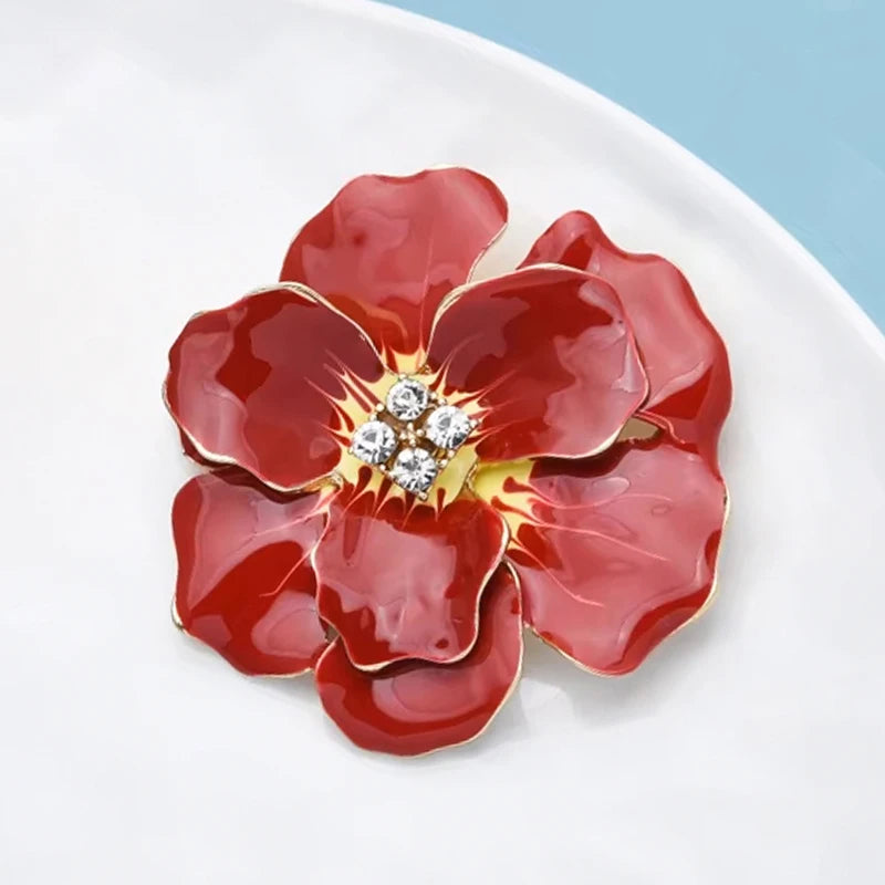 Big Blue Enamel Flower Brooch Pin Jewelry Gift Rose Badge - Gold Color
