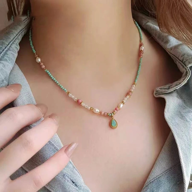 Natural Stone Pearl Bead Necklace with Water Drop Pendant - Women's Romantic Jewelry