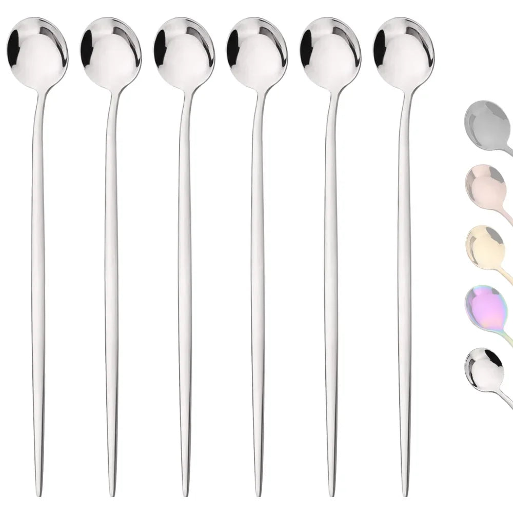 6-Piece Stainless Steel Long Handle Ice Spoon Set - Gold-Tone Coffee & Tea Stirring Utensils