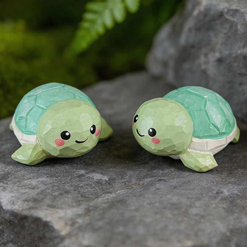 Hand Carved Wooden Turtle Figurine - Cute Green Tortoise Statue for Home Office Decor