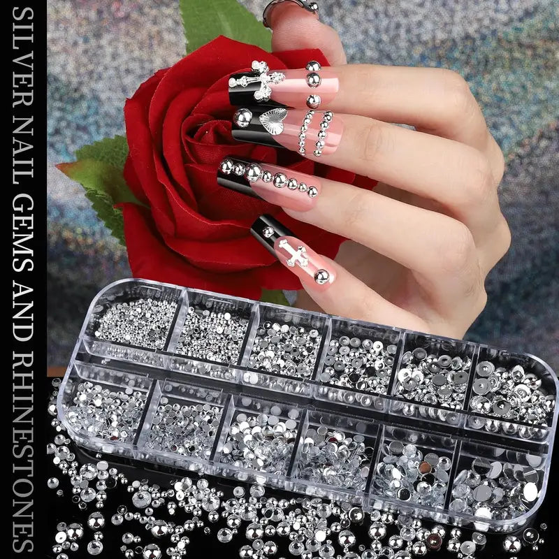 4 Box Nail Rhinestones Set with 3D Cross & Heart Charms for DIY Nail Art - Silver