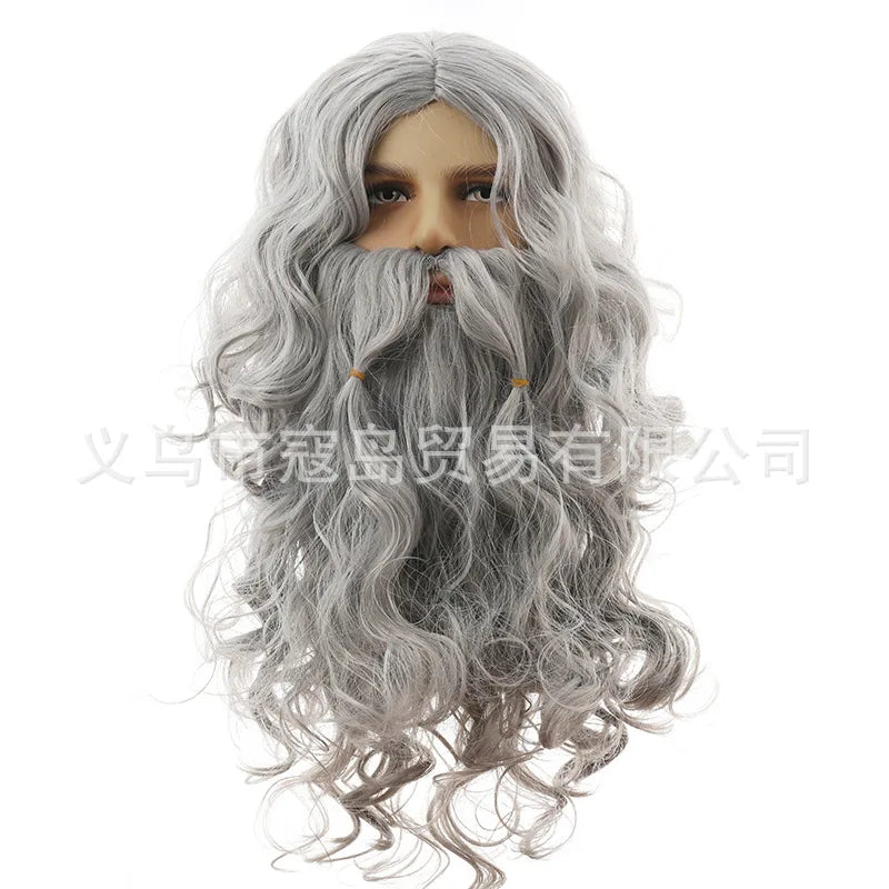 Halloween Men's Wizard Role Play Wig and Beard Set - Silver Grey Cosplay Hair Costume
