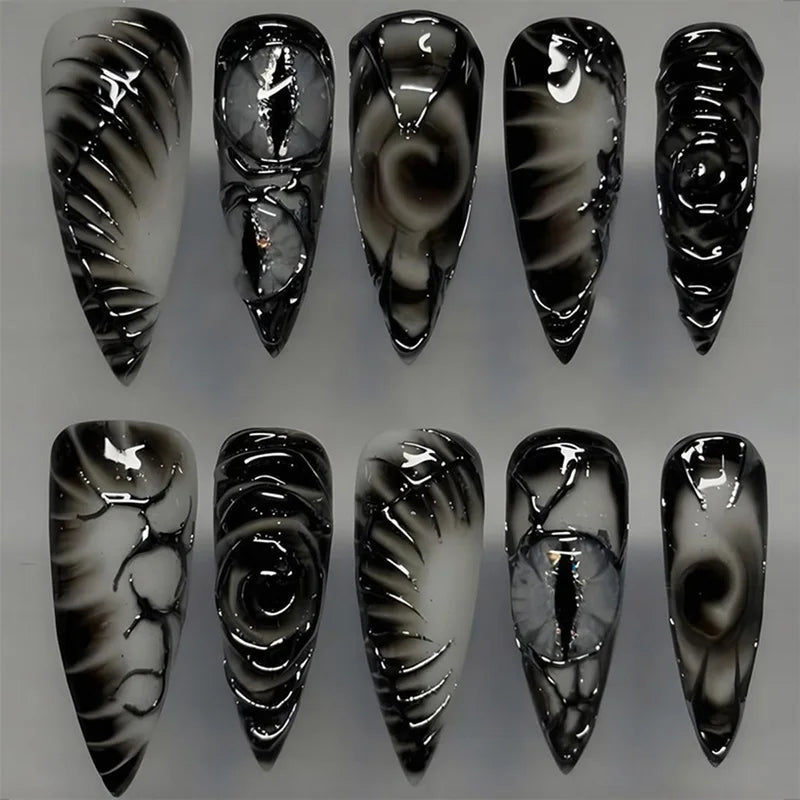 Gothic Stiletto Press On Nails with 3D Devil Eye Pattern - Halloween Fake Acrylic Nails, Glossy Finish, Reusable 30Pcs