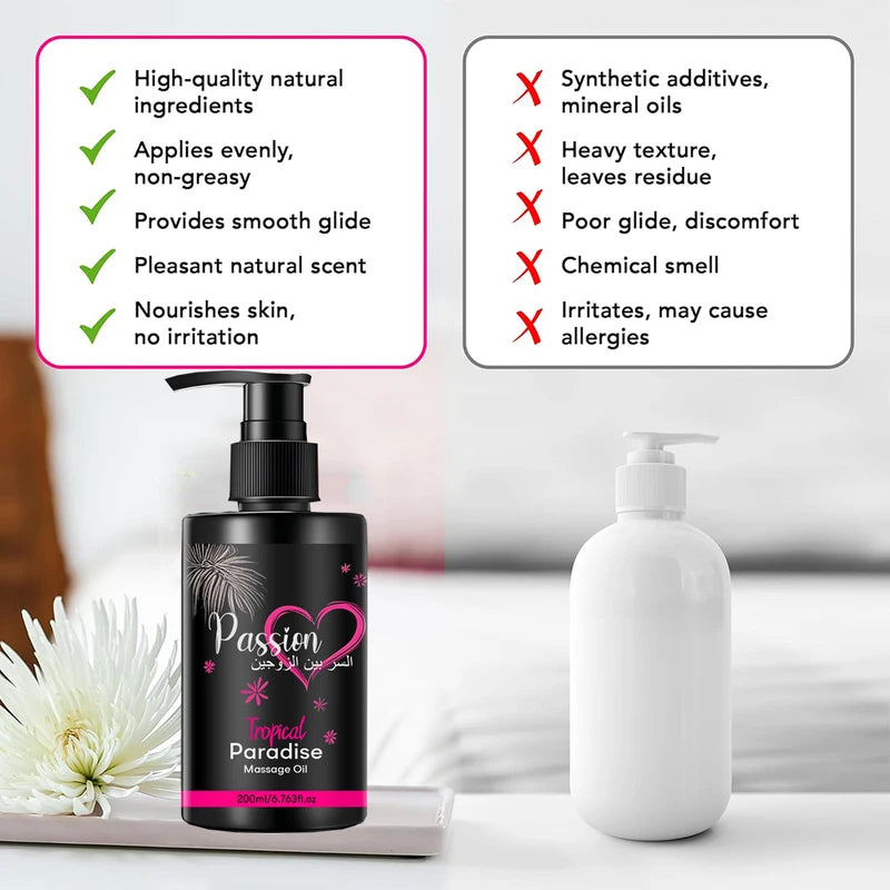 Natural Body Massage Oil for Couples - Tropical Passion Scent, 6.76 oz, Skin Moisturizer & Relaxation