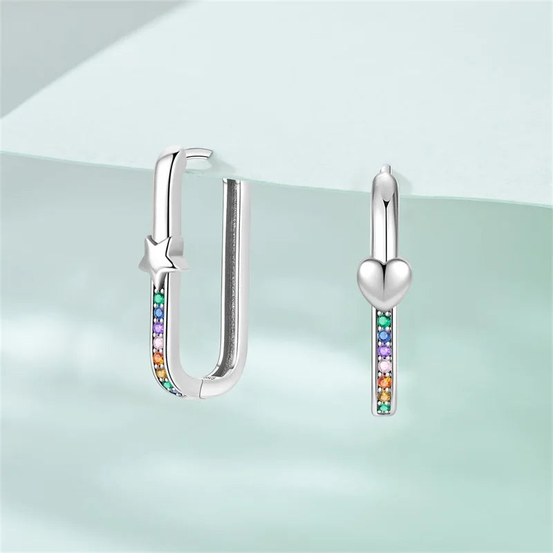 Sterling Silver Four Leaf Clover Hoop Earrings with Colored Zircon for Women