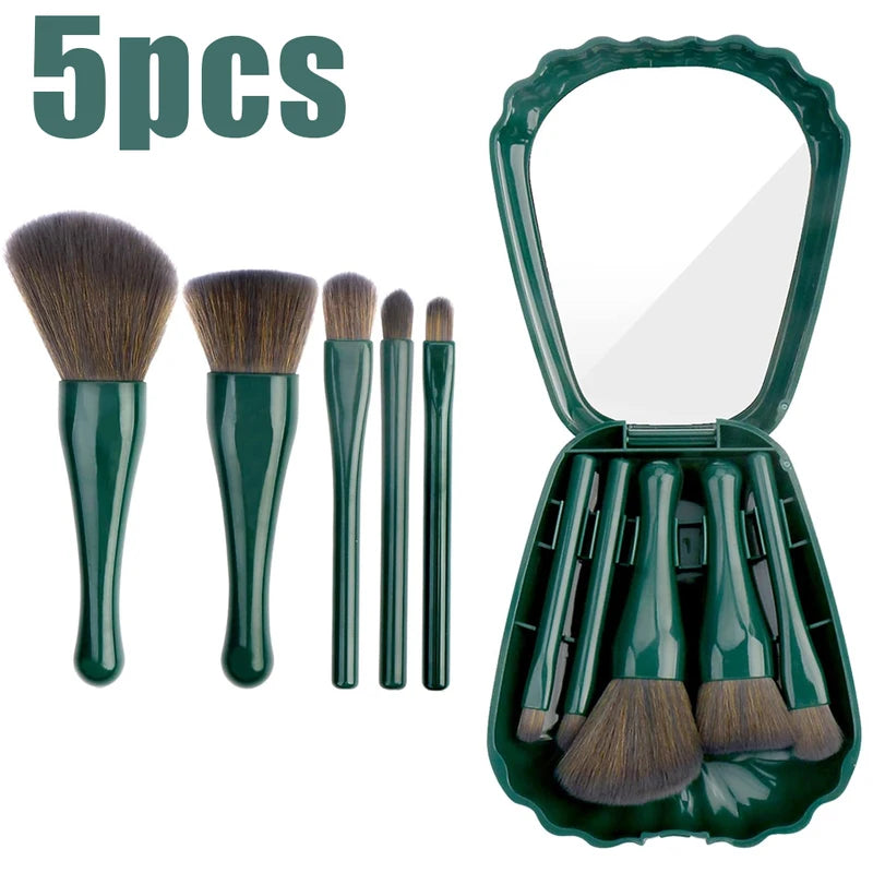 Mini Makeup Brush Set with Mirror - Portable Travel 5-Piece Cosmetic Brush Kit