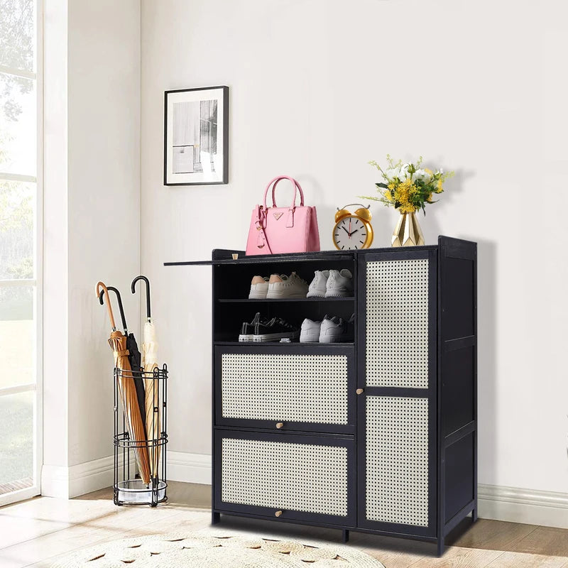 Bamboo Shoe Cabinet with Mesh Ventilation and Space Saving Doors - Entryway Organizer