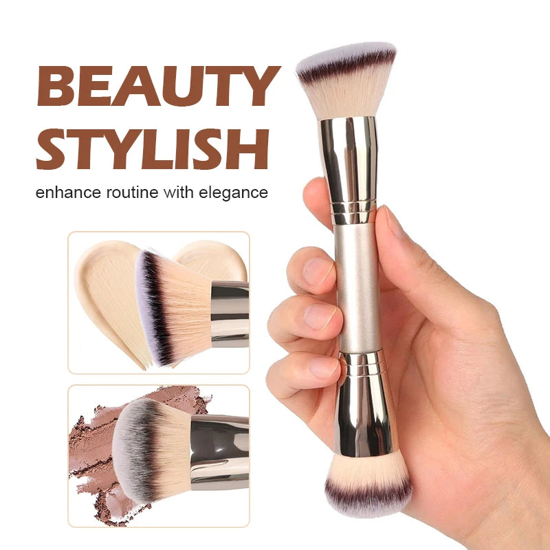 Dual Ended Makeup Brush for Foundation, Concealer & Blush with Travel Pouch
