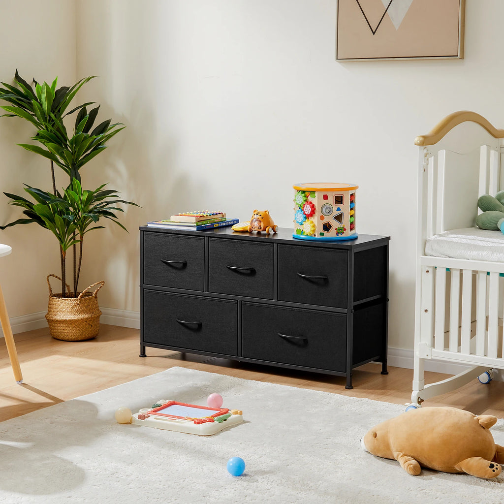 5-Drawer Fabric Dresser with Wooden Top and Metal Frame for Bedroom & Living Room Storage