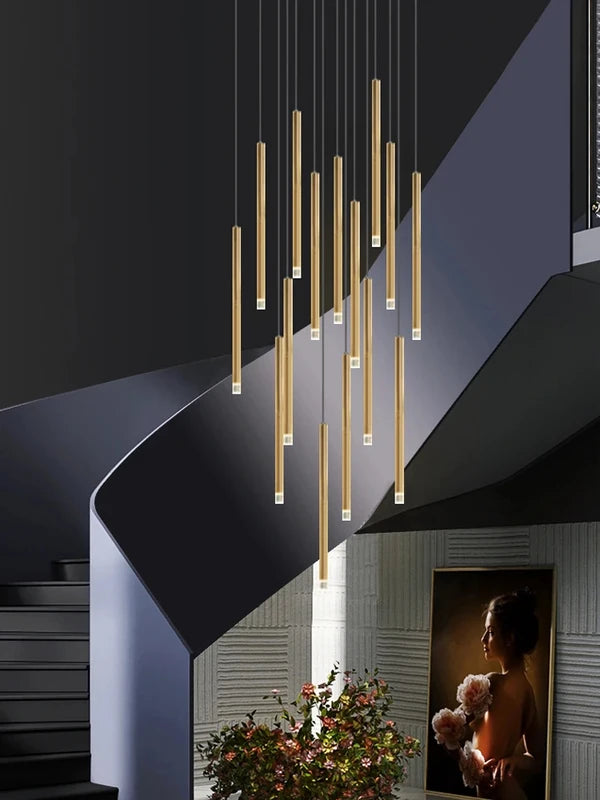 Modern LED Staircase Chandelier with Gold Column for Elegant Living Spaces