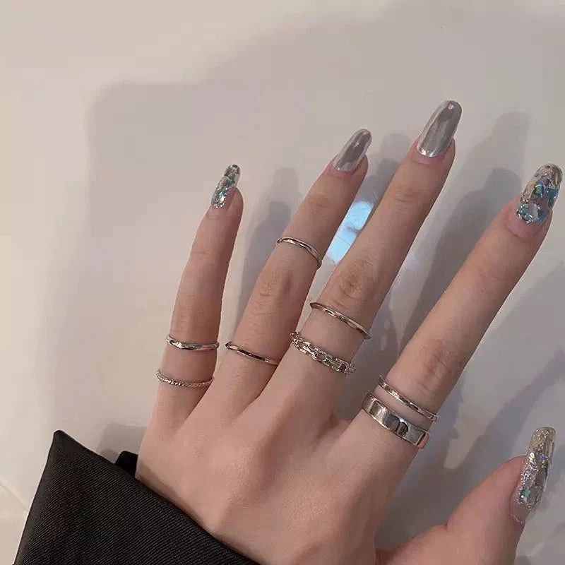7-Piece Punk Geometric Ring Set for Women Silver Color Jewelry