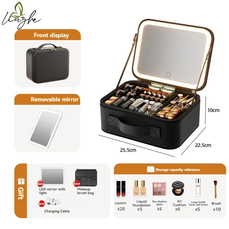 Illuminated Makeup Case with Mirror - Portable LED Cosmetic Bag, Large Capacity