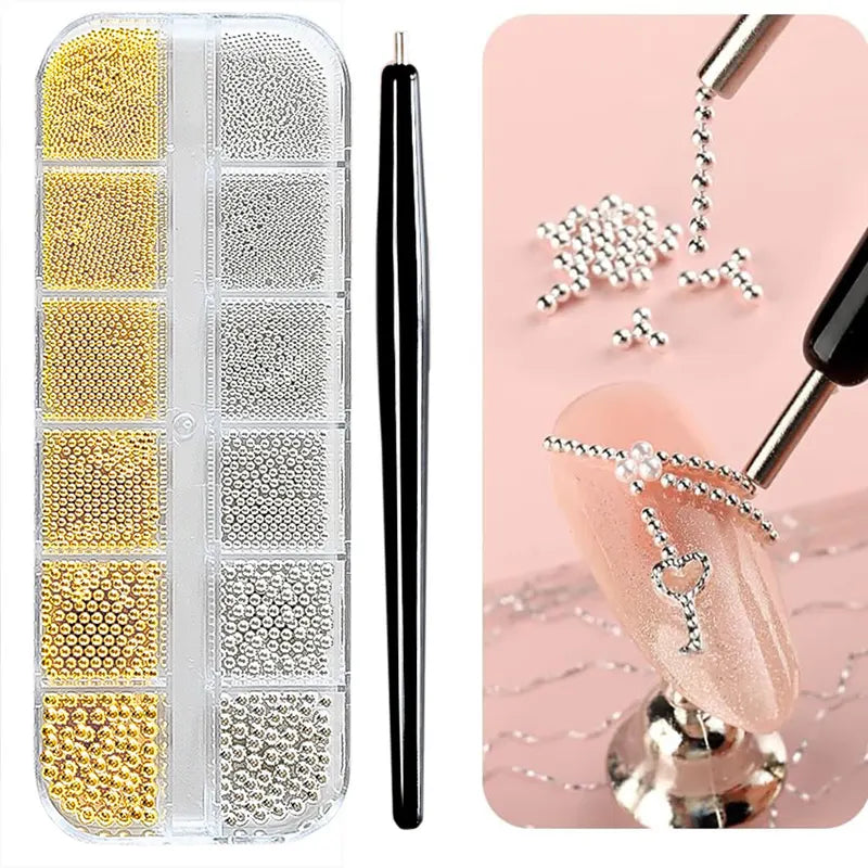 Mini Caviar Nail Art Beads Set with Magnetic Pen - Metal Micro Balls for 3D Nail Decorations