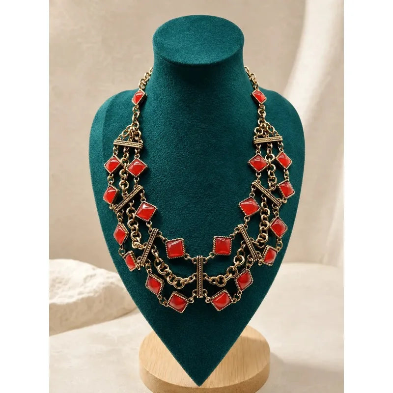 Red Multi-Layer Short Necklace Holiday Jewelry 0308